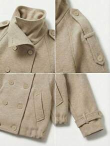 优雅纯色双排扣羊毛飞行员夹克，低调奢华高领大衣，肩部饰有袢带，精致的春/秋/冬外套 - 米色 - 查看 5