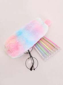 Gradient Color Cute Girl Plush Octagonal Pencil Case, Simple Student Stationery Storage Bag - Multicolor - View 4