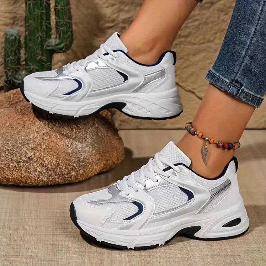 New Women Casual Sneakers, Chunky Sneakers, Shoes, White Shoes, Lace-Up Round Toe Mixed Material Breathable Versatile Printed Graffiti College Style Student Outdoor Hiking Casual Commuting Shoes - 藍色 - 查看 1