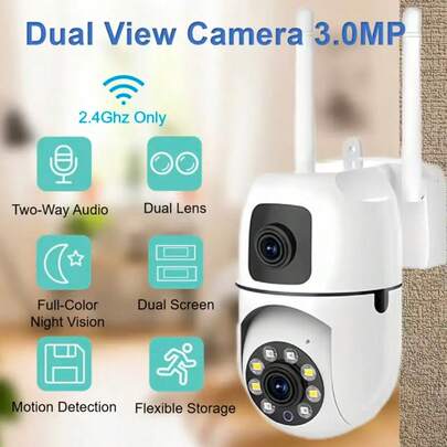 1080P Dual-Lens WiFi Security Camera, 2.4G/5G Wireless, Motion Detection, Two-Way Audio, Night Vision, Cloud Storage & TF Card Support, USB Powered, High-Resolution Recording, Dual Antenna Design, Compact Size, Indoor/Outdoor Surveillance Camera, High-Quality Housing