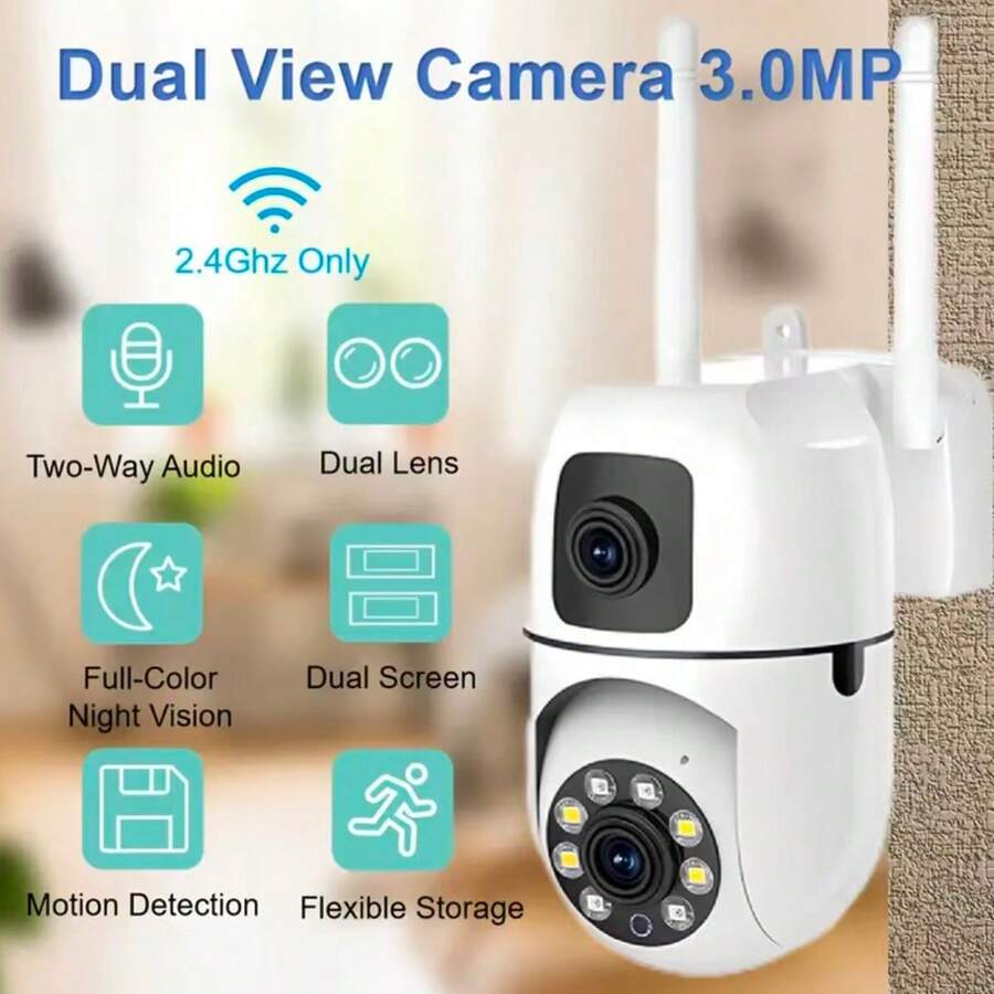 1080P Dual-Lens WiFi Security Camera, 2.4G/5G Wireless, Motion Detection, Two-Way Audio, Night Vision, Cloud Storage & TF Card Support, USB Powered, High-Resolution Recording, Dual Antenna Design, Compact Size, Indoor/Outdoor Surveillance Camera, High-Quality Housing - White - View 1