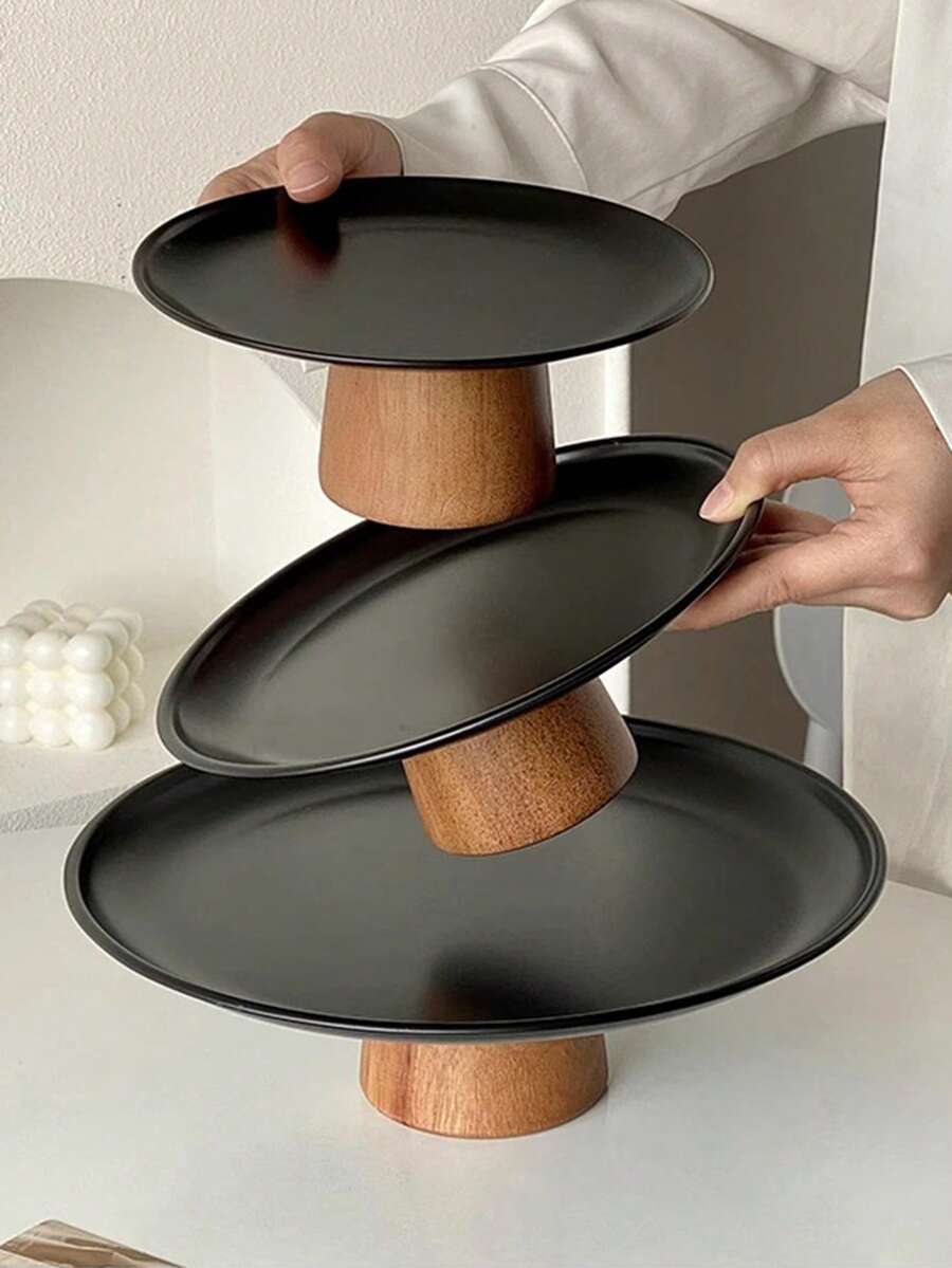1pc Stainless Steel Tray Stand With Wooden Base, Dessert & Candy Display Plate, Multipurpose Fruit Tray, Suitable For Dining Table Decor, Home And Kitchen Serving Platter, Ideal For Eid - Black - View 1