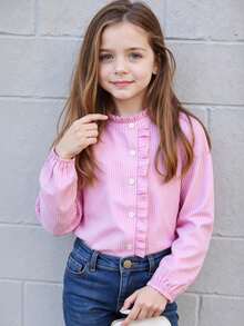 女童秋季竖条纹修身衬衫，3D荷叶边领，简约时尚，学院风 - 粉色 - 查看 4