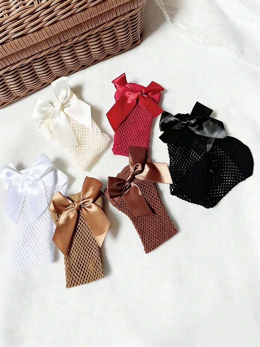2 Pairs Baby Black & White Solid Color Bow Mesh Socks, Bow Decor Mesh Socks Versatile Casual Daily Wear, Non-Binding Minimalist Solid Color Summer Socks - Black and White - View 1