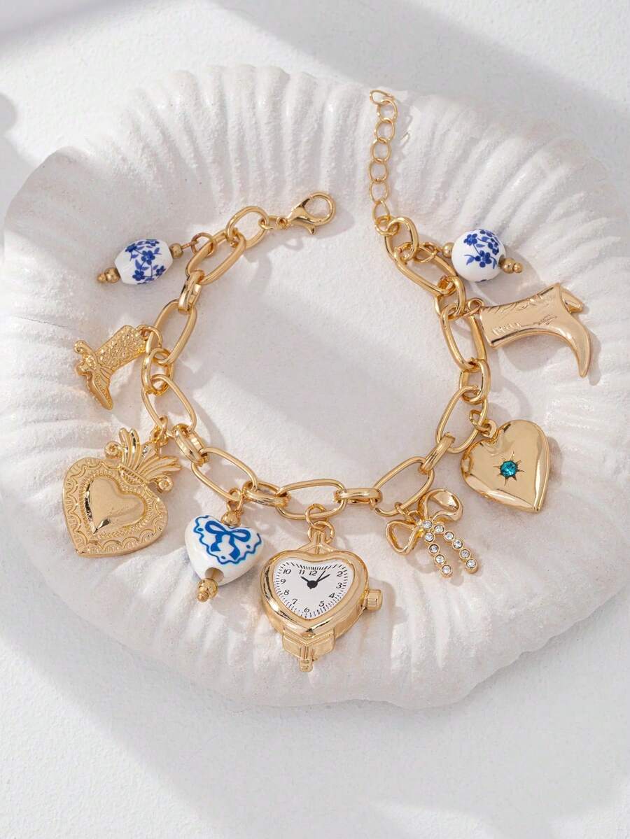 1pc Gold Heart Pendant Bracelet With Bow, Cowboy Hat, Boots And Cherry Pendant Charms, Jewelry Gift For Women - Multicolor - View 1