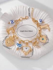 1pc Gold Heart Pendant Bracelet With Bow, Cowboy Hat, Boots And Cherry Pendant Charms, Jewelry Gift For Women - Multicolor - View 2