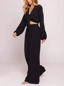 女士春夏休闲优雅家居服套装，正面系带隐形按扣设计，灯笼长袖上衣搭配带口袋的松紧腰阔腿裤。适合商务办公场合和休闲穿着。 - 黑色 - 查看 8