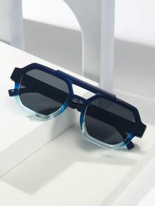 1pc Unisex Square Frame Minimalist Stylish Fashion Glasses, Suitable For Travel, Casual, Party, Beach, Daily Wear - Gradient Blue Frame Gray Sheet - View 3