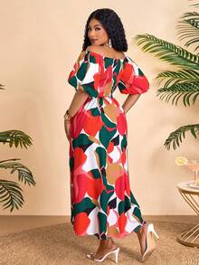 BIUBIU 度假风花卉图案加大码梭织面料甜心领泡泡袖长款上衣 - 紅色 - 查看 6