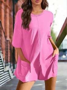 Monos para mujer Verano 2025 Mono deportivo oversize de manga corta con bolsillos - Rosa Fucsia - Ver 3