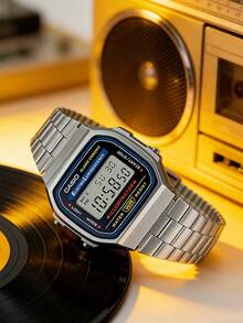Casio Unisex Digital Watch - Water-Resistant Strap, Calendar, Alarm And Stopwatch Functions. Retro Student Style Square Watch. Rubber Material. Sports Fashion. Suitable For Daily Wear. New Year, Christmas, Christmas Gift. - Blue and White - View 3