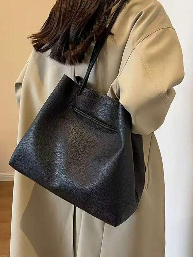 1 pièce Sac à main vintage grande capacité à double usage, sac bandoulière, sac coquille polyvalent pour navette, fourre-tout décontracté avec sangle réglable pour femmes - Noir - Voir 7