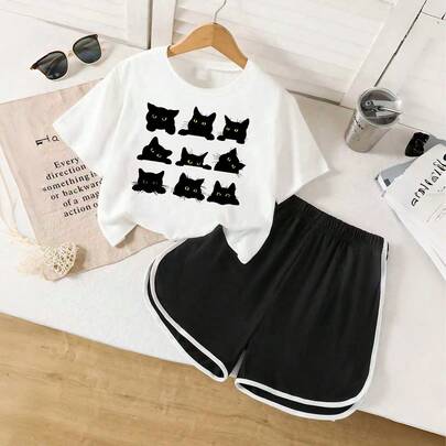 Tween Girls Cat Print Short Sleeve T-Shirt And Contrast Trim Shorts Set