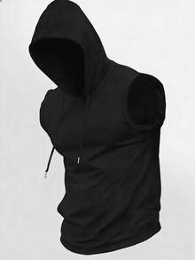Men's Casual Minimalist Solid Color Drawstring Hooded Vest - 黑色 - 查看 1