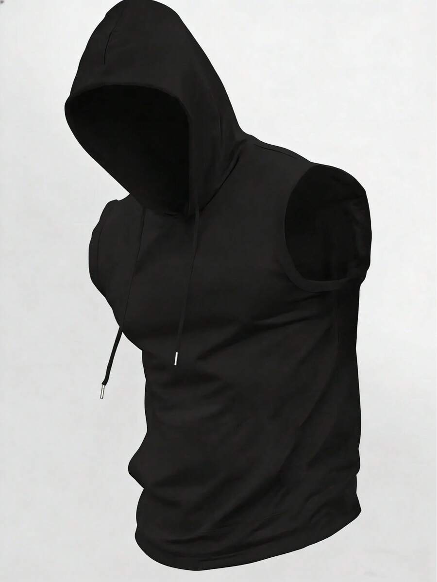 Men's Casual Minimalist Solid Color Drawstring Hooded Vest - 黑色 - 查看 1