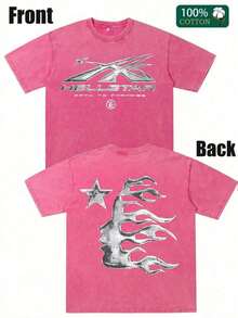 Men's Printed Pattern Washed T-Shirt - Casual Loose Summer T-Shirt With Star And Flame Design, Adult Brown 100% Pure Cotton Round Neck Shirt, Breathable T-Shirt |   Avant-Garde Casual Wear |   100% Pure Cotton Printed T-Shirt - 玫紅色 - 查看 1