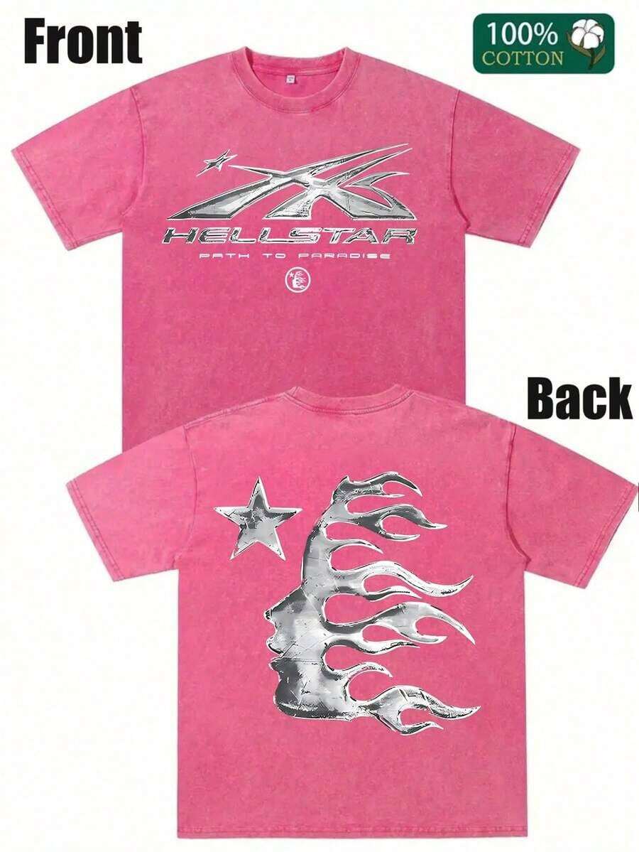 Men's Printed Pattern Washed T-Shirt - Casual Loose Summer T-Shirt With Star And Flame Design, Adult Brown 100% Pure Cotton Round Neck Shirt, Breathable T-Shirt |   Avant-Garde Casual Wear |   100% Pure Cotton Printed T-Shirt - 玫紅色 - 查看 1