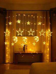 开斋节快乐 LED 窗帘灯 - 室内/室外闪烁星月灯，USB/电池供电，窗户/墙壁装饰，节日派对装饰（6 个星月 LED 灯） - 暖光 - 查看 8