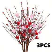 3 Pieces Valentine's Day Romantic Foam Heart Berry Arrangement, Handmade Artificial Heart-Shaped Berry Branches, Red And Pink Heart-Shaped Berry Stems, Light Red Heart-Shaped Pink Wrapping Paper - Multicolor - View 11