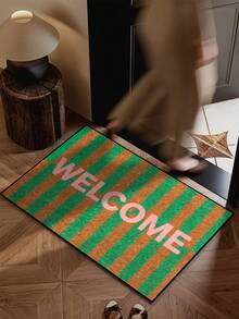 1 pieza Felpudo de bienvenida con rayas marrones y verdes, minimalista de felpa corta de secado rápido y antideslizante, lavable, decoración del hogar, adecuado para cocina, baño, comedor, entrada, fiesta, Año Nuevo, todas las estaciones, decoración de patio - Verde - Ver 6