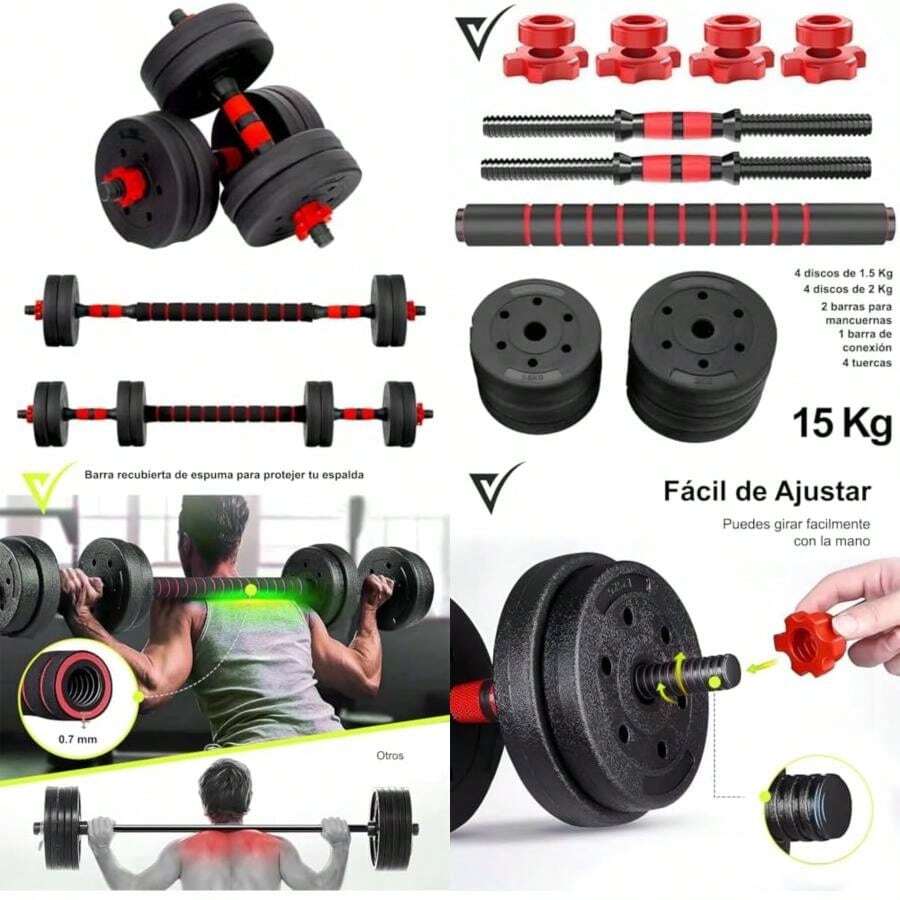 Kit de Mancuernas Regulables de 15 KG - Juego de Pesas Ajustables para Musculación y Entrenamiento de Fuerza - Barra Conectora - Gimnasio en Casa - Set de pesas(default) - Multicolor - Ver 1