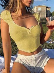 Women's Button Up Crop Top Ribbed Scoop Neck Cap Sleeve Shirt Slim Fit Summer Blouse For Casual Streetwear - 黃色 - 查看 2