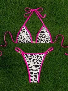 2026夏季女士性感沙滩度假豹纹撞色包边扭结露背开衩比基尼套装 - 彩色 - 查看 3