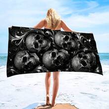 1条骷髅印花灰色沙滩巾，超柔软超细纤维特大号沙滩毯，高吸水性浴巾，适合旅行、游泳池、潜水、冲浪、瑜伽、露营，多种尺寸可选，沙滩用品，适用于海滩、泳池、旅行、露营、瑜伽、浴室装饰 - 彩色 - 查看 6
