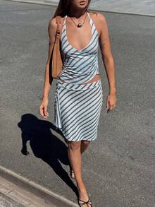 New Arrival Women's Elegant Halter Striped Set, Casual Beach Vacation Outfit, All Season - Light Blue - View 1
