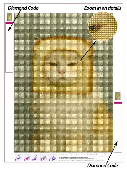 |5D DIY Diamond Painting|Quirky White Cat With Toast Headpiece In Muted Green Background Diamond Painting Kits, Soft Neutral Tones, Playful Food Motif & Surreal Portrait Style. Handmade Decorative Painting, 5D DIY Diamond Painting Kit, Make Your Own Wall Art DIY, Enjoy The Fun Of Hands-On, The Best Gift For Friends
