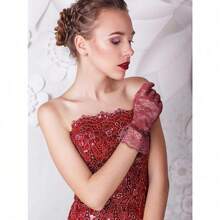 SATINIOR Ladies Lace Gloves For Women Tea Party Elegant Short Courtesy Gloves For Wedding Dinner Opera Parties,Burgundy - 玫瑰紅色 - 查看 9