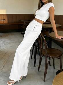 女士奢华白色阔腿裤，优雅高腰长裤，时尚正式派对夜店办公套装 - 白色 - 查看 6