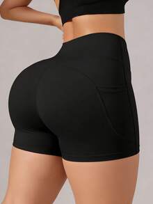 Quần short bó sát cạp cao dành cho nữ cỡ lớn, quần short yoga định hình vóc dáng có túi, thích hợp cho đạp xe, tập thể dục, chạy bộ, tập luyện, màu đen mùa xuân/hè. - màu đen - Xem 3