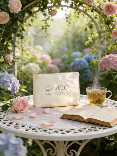 CHANEL 缎面材质化妆包，银白色化妆包，带香水盖拉链和光泽饰面，旅行化妆箱