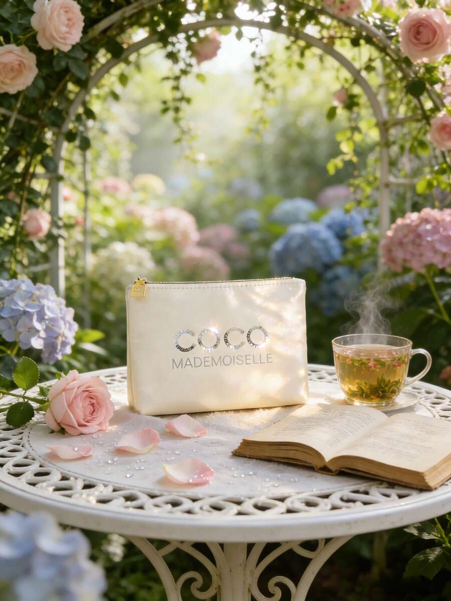 CHANEL 缎面材质化妆包，银白色化妆包，带香水盖拉链和光泽饰面，旅行化妆箱 - 亮白 - 查看 1