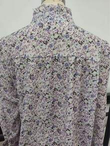 Polyester Allover Print Button Pleated Hem Women Shirt, Suitable For Daily, Date, Travel, Spring/Summer Vacation - Multicolored Purple - View 5