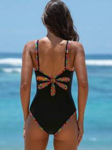 popvil Áo tắm liền thân cổ chữ V sâu, phối đường chỉ tương phản, lưng khoét nơ, thích hợp cho kỳ nghỉ hè, đi biển dành cho nữ. - màu đen - Xem 6