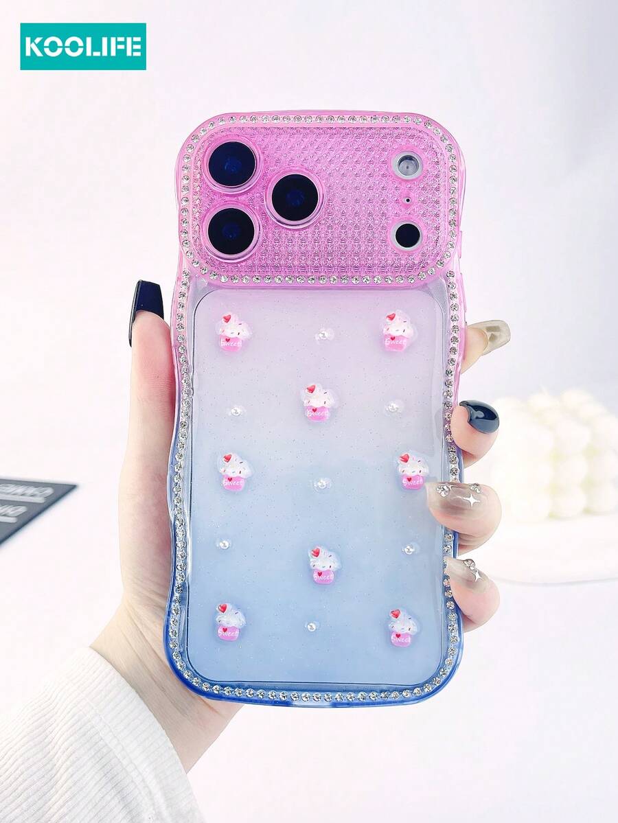 Koolife 1pc Wavy Edge Rhinestone Gradient Phone Case With Epoxy 3D Ice Cream & Pearl, 2.0mm TPU Soft Cover, Raised Lens Protection Shockproof Stylish Design Case, Compatible With IPhone 17/17 Pro/17 Pro Max - Heart-shaped Ice Cream Gradient Blue - View 1
