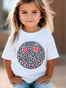 Leopard Smiling Face Print Creative T-Shirts, Soft & Elastic Comfy Crew Neck Short Sleeve Tee, Girls Summer Tops - Black - View 6
