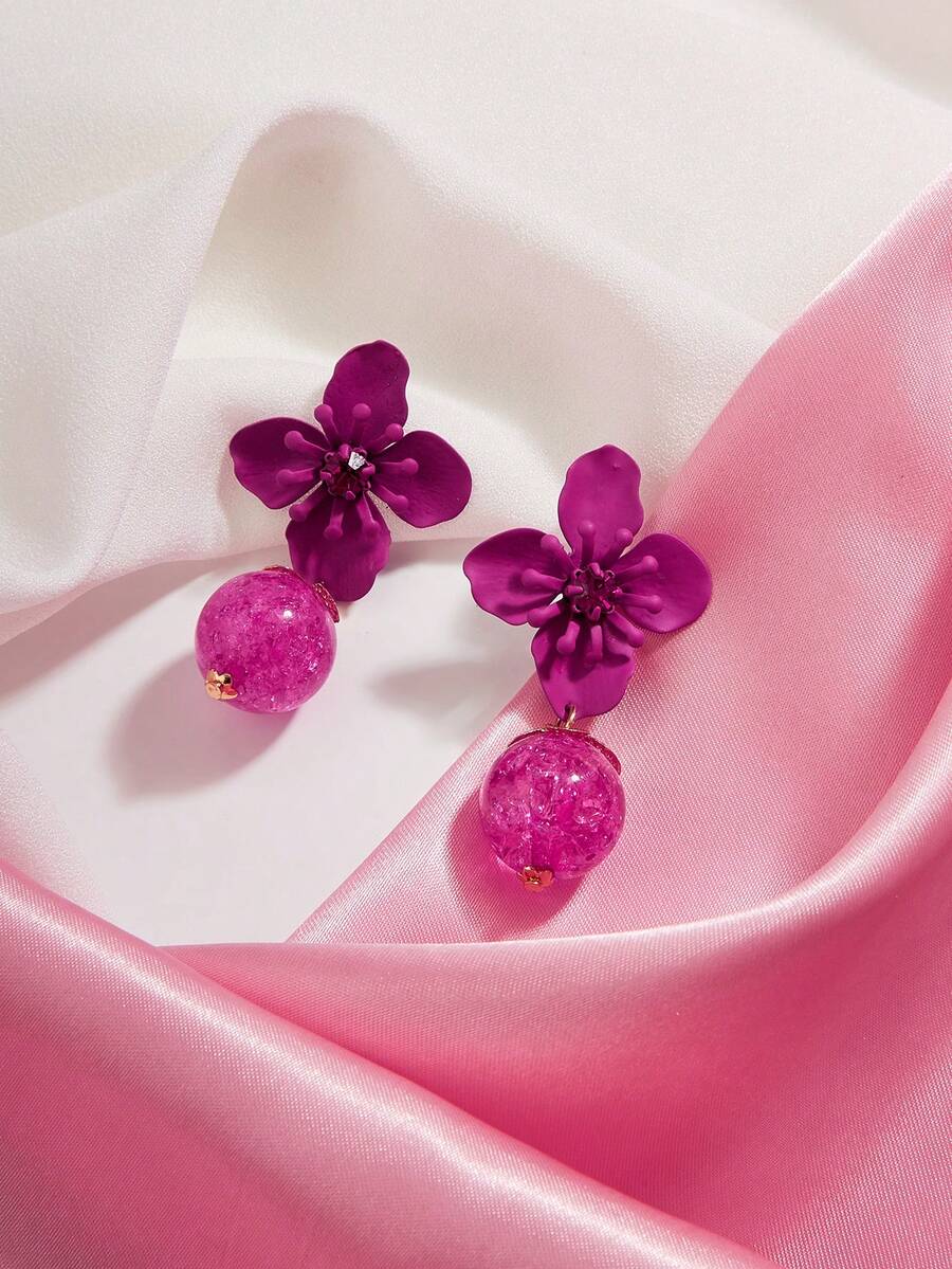 1 Pair Fashionable Sweet Pink Flower & Cracked Bead Earrings For Women, Suitable For Valentine's Day, Vacation And Daily Wear - Pink - View 1