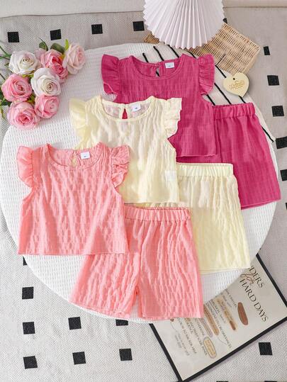 3 Sets (6pcs) Girls Casual Solid Color Soft Comfortable Jacquard Fabric Cap Sleeve Top And Shorts Set, Suitable For Outdoor Wear, Spring/Summer