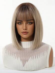 12-Inch Short Ombre Brown Synthetic Natural Looking Wig, Women's Bob Style With Bangs, Heat Resistant, For Everyday Wear, Cosplay, Party - Brown Ombre - View 4