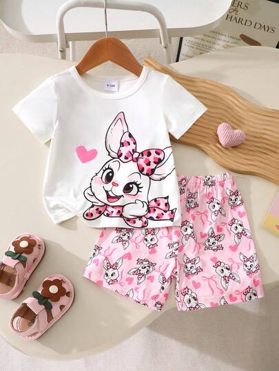 2pcs Girls Cute Rabbit Print Short Sleeve T-Shirt + Allover Print Shorts Set, Casual Childrenswear