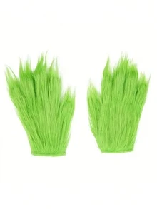 A Pair Of Green Plush Monster Gloves With Feather Extensions - Retro-Style Costume Props, Role-Playing Photography Props, Washable, Costume Props: Retro-Style Gloves: Plush Texture Gloves - Green - View 10