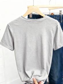 Camiseta casual de mujer con patrón de corazón de lentejuelas rojas, de moda, cómoda, transpirable, versátil para primavera/verano, clásica de manga corta y cuello redondo - Gris Claro - Ver 2