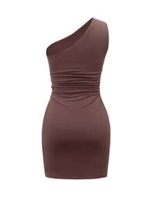 Women's Solid Color Knit Mini Bodycon Slip Dress, Spring/Summer Off Shoulder Short Dress, Suitable For Valentine's Day Elegant - Brown - View 5