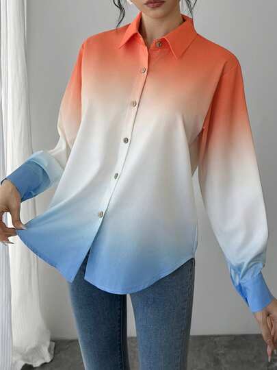 1pc Women's Shirt, Tie-Dye Orange & Blue Print, Collared, Long Sleeve, Single-Breasted, Casual Blouse, Elegant Outerwear - Breathable & Comfortable, Suitable For Beach, Work, Daily Wear, Party, Wedding, And An Ideal Gift For Girlfriend, Wife, Mother, Mother's Day Vacation Spring