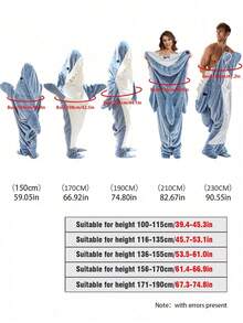 1pc Shark Pattern Hooded Blanket, Soft Flannel Shark Design Wearable Blanket, Available In Multiple Sizes Suitable For Different Heights - Multicolor - View 11