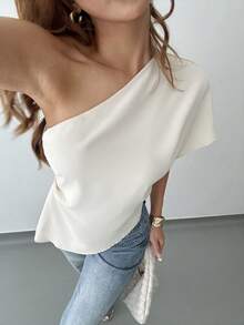 女士不对称肩部衬衫，优雅休闲风格，适合宴会、通勤、休闲穿着，春夏法式单肩衬衫，单肩上衣，单袖上衣，露肩衬衫，垂褶上衣，露肩衬衫 - 杏色 - 查看 5