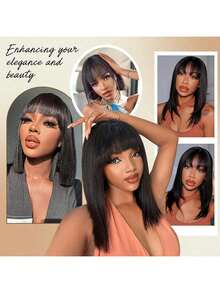 34Inch 180% Density Straight Glue-Less Put On And Go Bob Wig With Bangs Blended Human Hair - Bang Straight Human Hair Wig, Glueless Bob Wig Full Machine Made None Lace Front Wig For Women - Natural Black - 查看 2